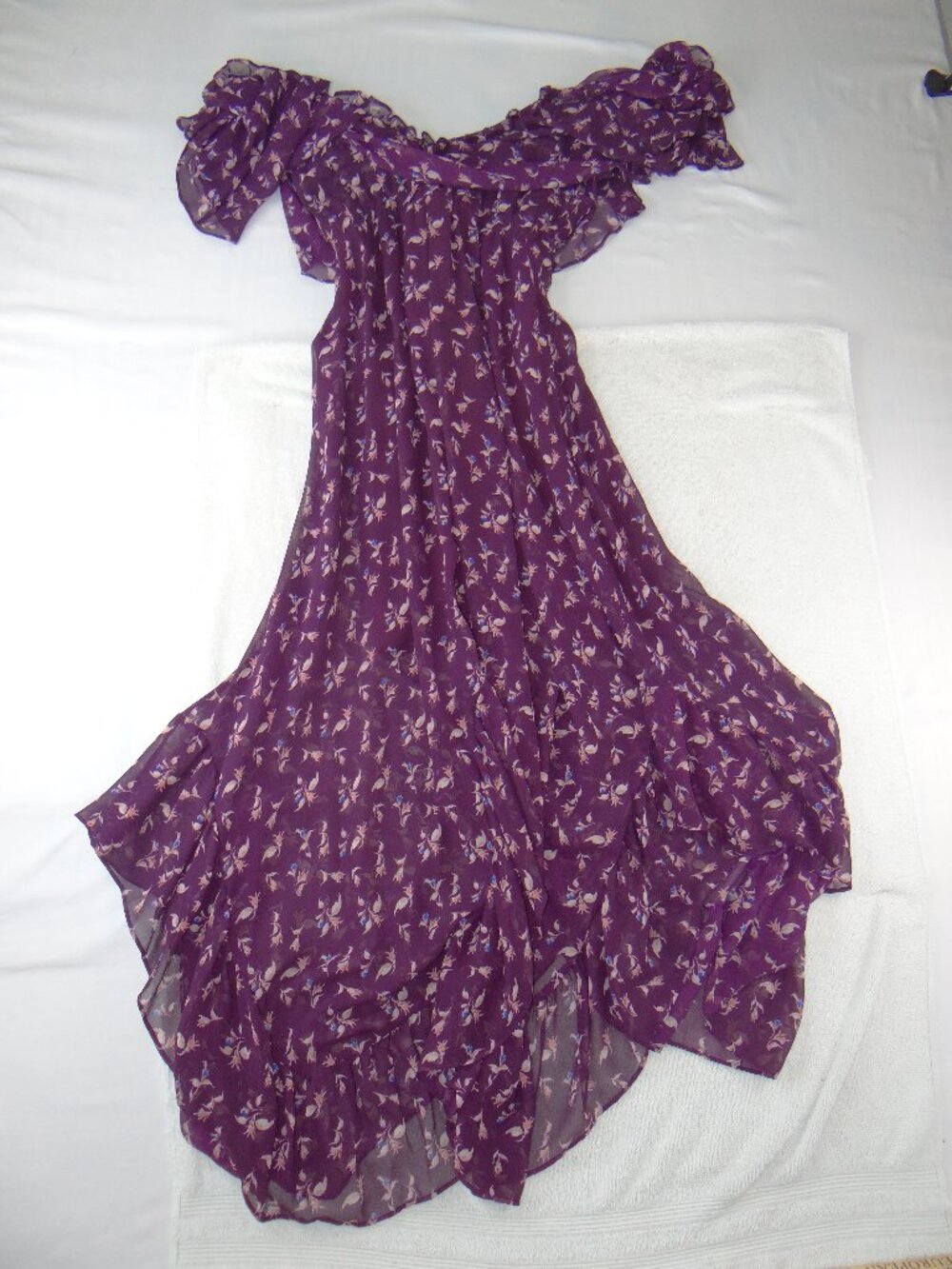 MISA Los Angeles Purple Floral Ruffle Off Shoulder High Low Maxi Dress Small 270